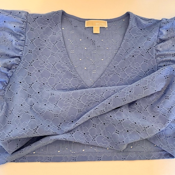 Michael Kors Floral Lace Eyelet Pull Over Blouse Blue Size Large Ruffled Sleeve - Picture 13 of 14